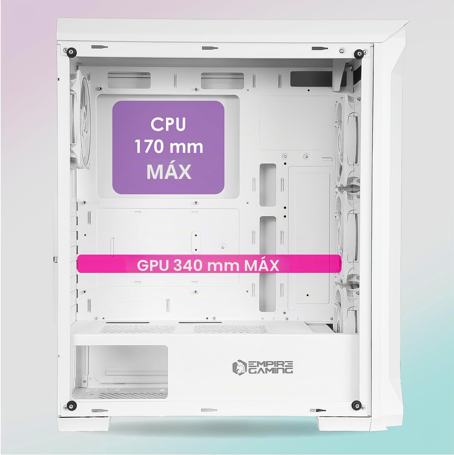 EMPIRE GAMING – Caja PC Gamer DarkWitcher - ARGB Torre Mediana ATX – Frontal Metal Mesh y Pared Lateral de Vidrio Templado – 4 Ventiladores 5 Voltios PWM LED RGB direccionables 120 mm - Blanco