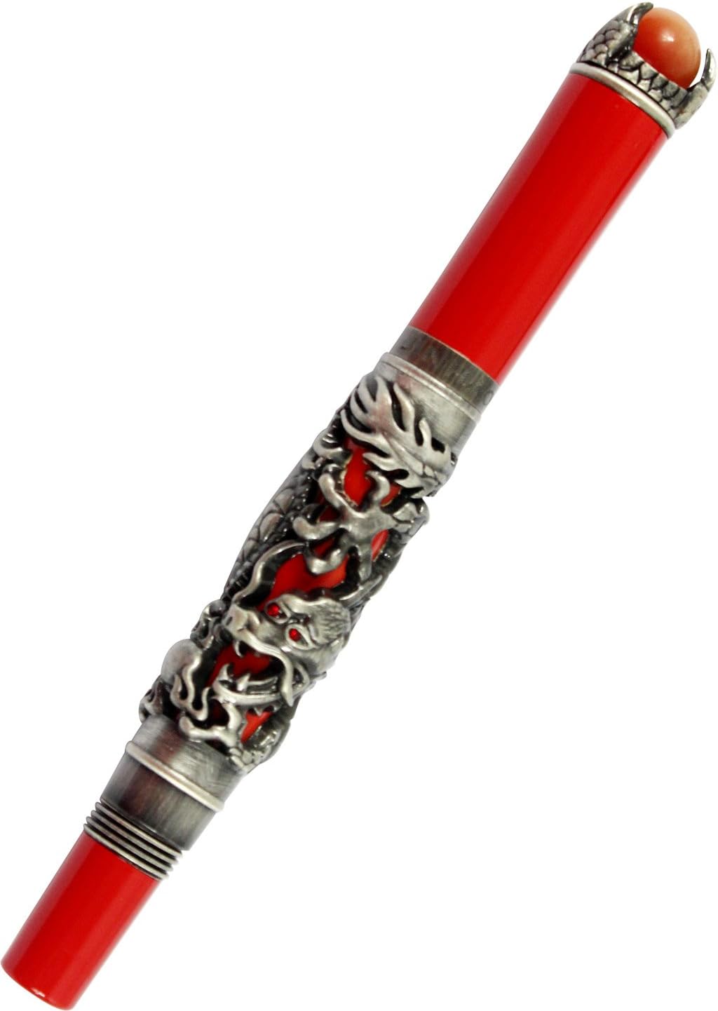 Gullor JinHao Antique Silver Dragon Style 3D Carved Fountain Pen With Red Pearl, Medium Nib, Red
