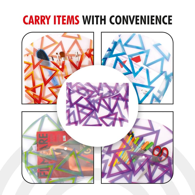 Image of Polen 6 Pcs Button File Folder with 18 Microns Poly Plastic Folder, Button Bag, HD Printed, Snap Button with Back Fold Sealing for Extra Strength, Size FS, Triangle Print.(Multicolor)