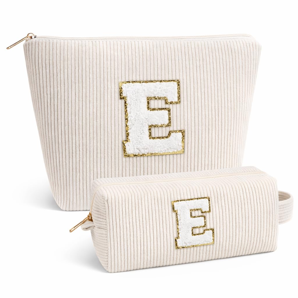 Giftota 2 Stück Personalisierte Kosmetiktasche Damen Cord Schminktasche, A–Z Make up Tasche mit Buchstaben, Kulturtasche für Reisen, Geschenk für Frauen Mädchen, Geburtstagsgeschenk für Frauen Mama E