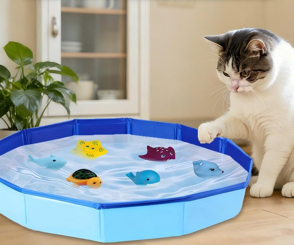 SKIKHN Cat Pool Toy, 50 * 10CM Foldable Mini Swimming Pool Cats Toy with 6pcs Water Fish, Cat Fish Toys for Bored Indoor, Interactive Water Play, Cats Interactive Pet Toy for Endless Self Play