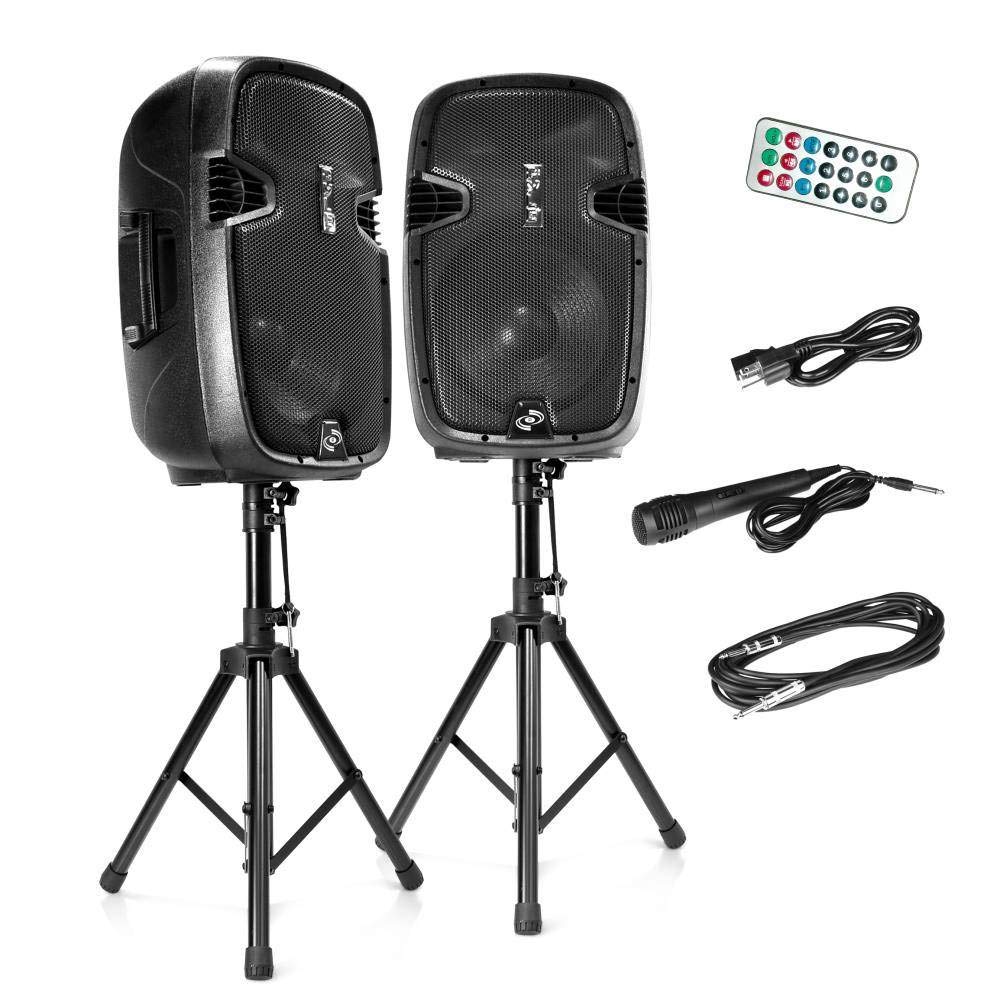 Wireless Portable PA System - 1800W High Powered Bluetooth Compatible Active + Passive Pair Outdoor Sound Speakers w/USB SD MP3 AUX - 35mm Mount, 2 Stand, Microphone, Remote - Pyle PPHP1249KT
