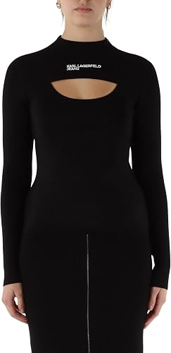 Karl Lagerfeld Jeans, Mujeres, Jersey Con Cuello Alto Recortado, Corte Slim, Neg
