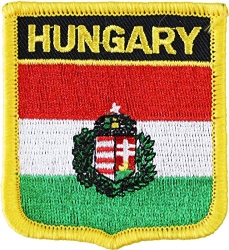 Hungary (Crest) Flag Embroidered Iron on/Sew on Shield Patch with Gold Trim
