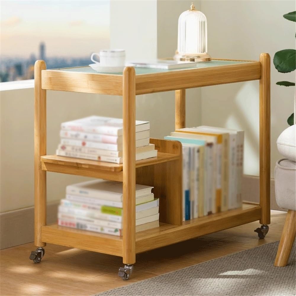 Libreria Portatile Carrello portaoggetti for libreria con Ruote universali, ripiano in bambù con lastra di Vetro, for Studio Domestico o espositore Mobile for Ufficio Scaffale di stoccaggio