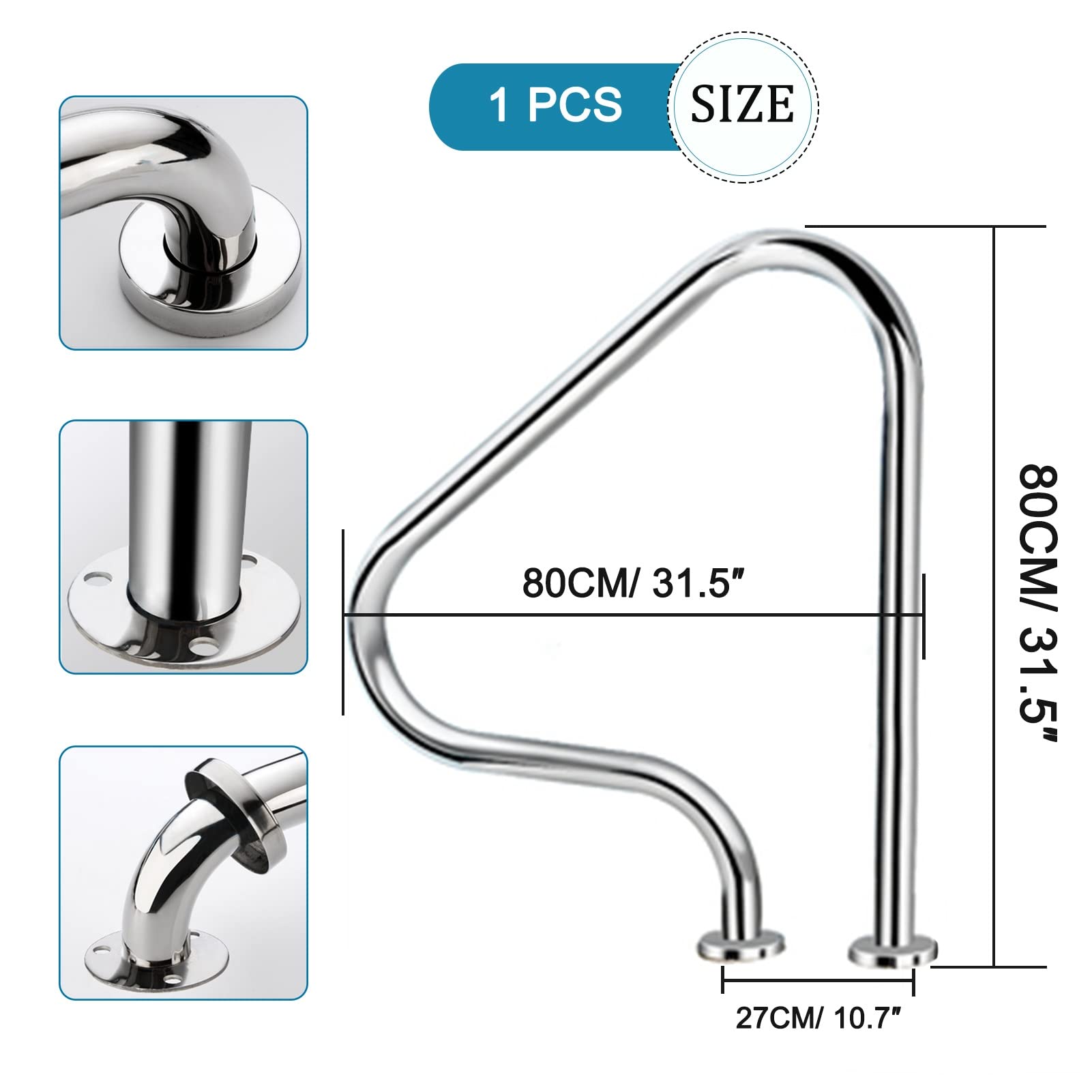 Juego de pasamanos de Piscina de 1, barandilla de Piscina para Entrada de Piscina enterrada, Acero Inoxidable 304, Kit Completo de pasamanos de Piscina, Plateado