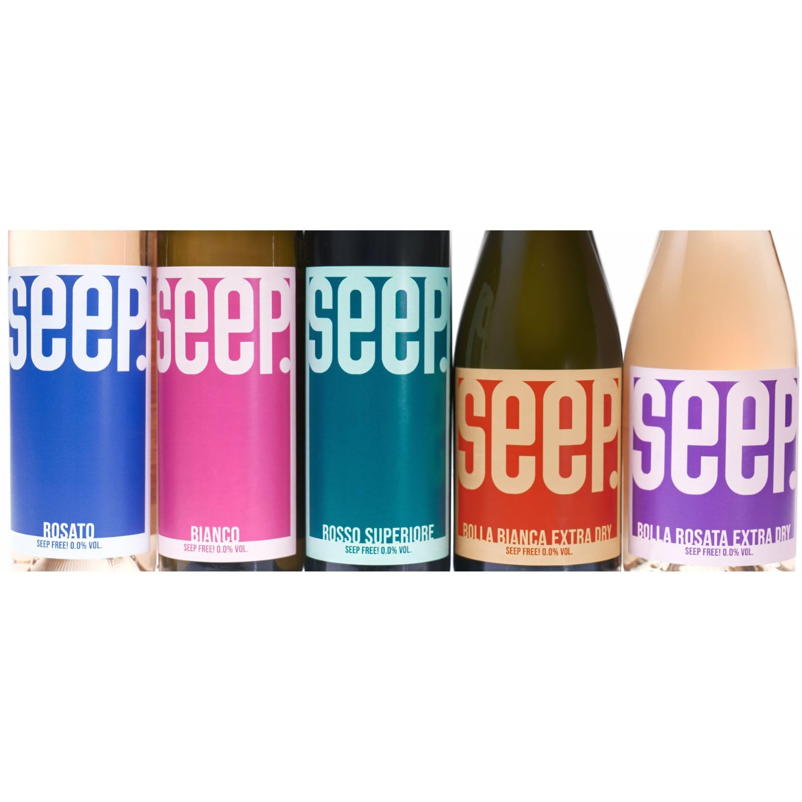 SEEP.LIFE | Kit Degustazione - Seep Bianco, Rosato, Rosso Superiore, Bolla Bianca, Bolla Rosata, Bevanda Analcolica, 5 Bottiglie da 750ml con Tappo Riutilizzabile, Made in Italy