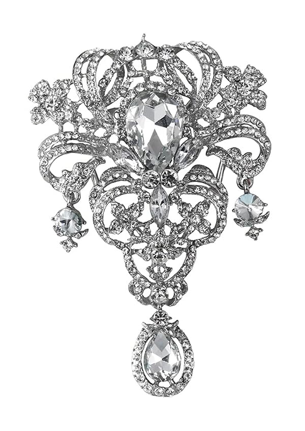Gyn&Joy Womens Clear Crystal Rhinestones Large Flower Bouquet Tear Drop Pendant Brooch Pin (Clear Silver-Tone) by Gyn&Joy - Used condition - US$9.40