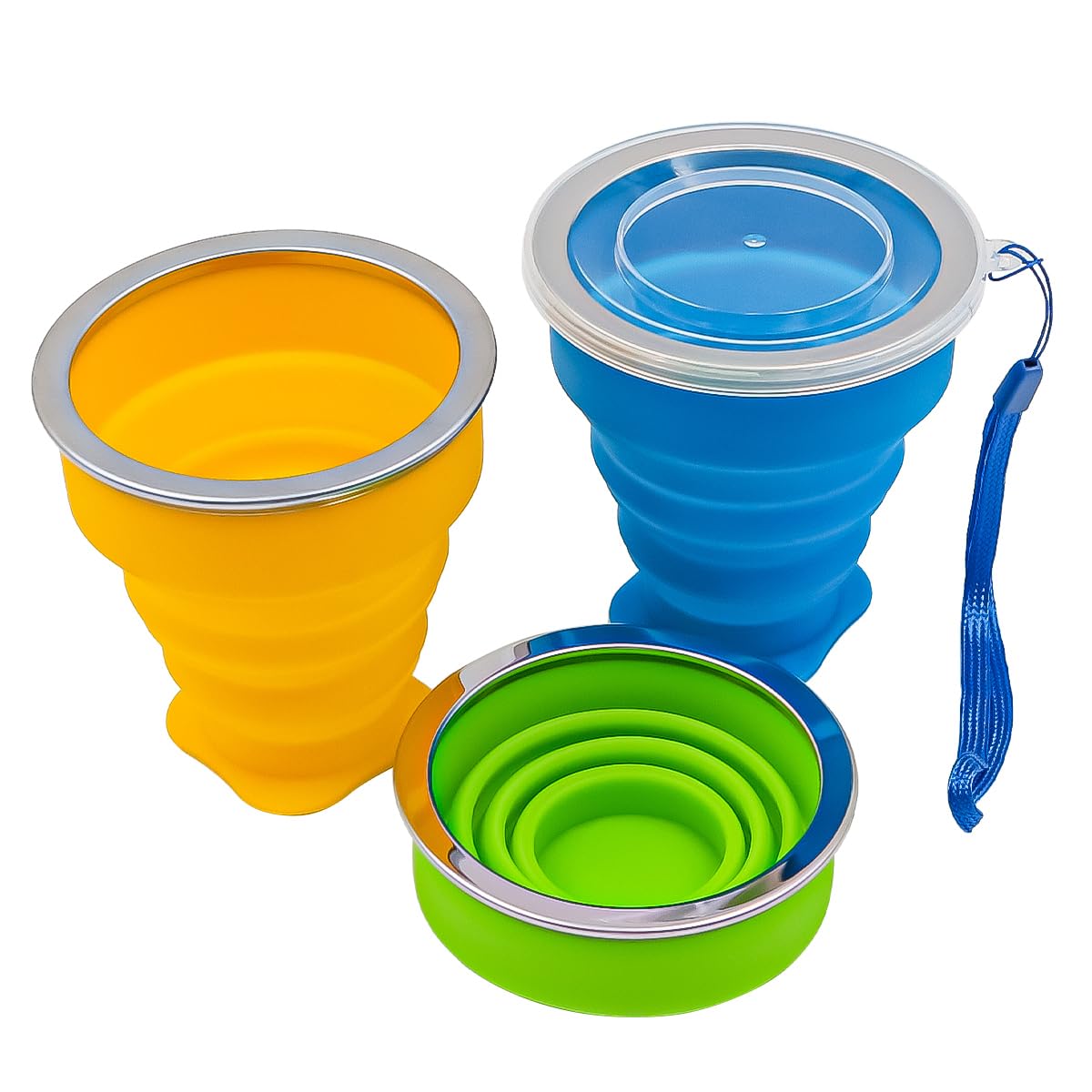 NUZAMAS 3 Pack Collapsible Travel Tumbler 300ml Foldable Retractable Silicone Water Cup with Lid Portable Drink Mugs for Outdoor Picnic Hiking Camping Blue and Green
