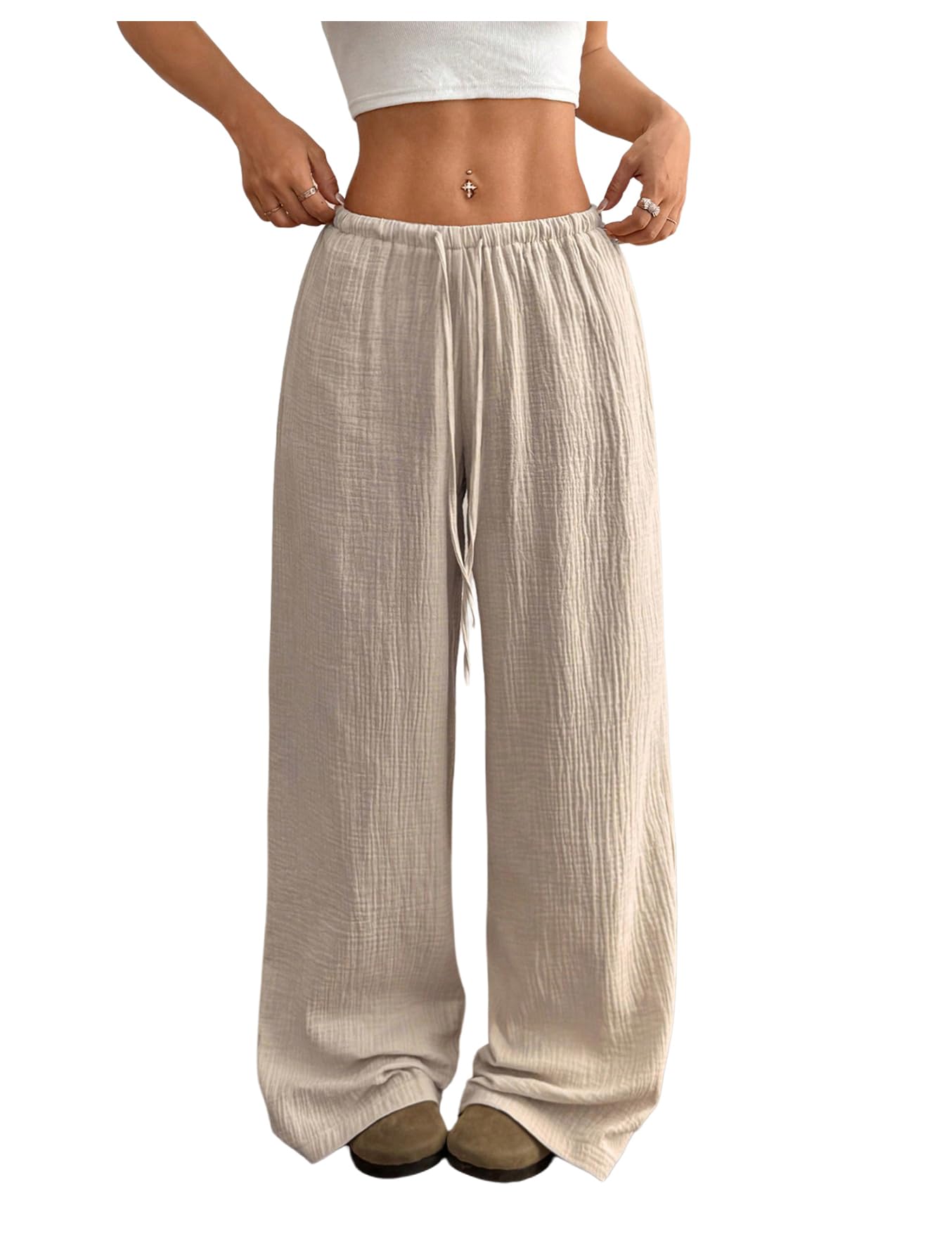 Womens Linen Summer Pants Drawstring Waist Baggy Pant Straight Wide Leg Beach Trousers