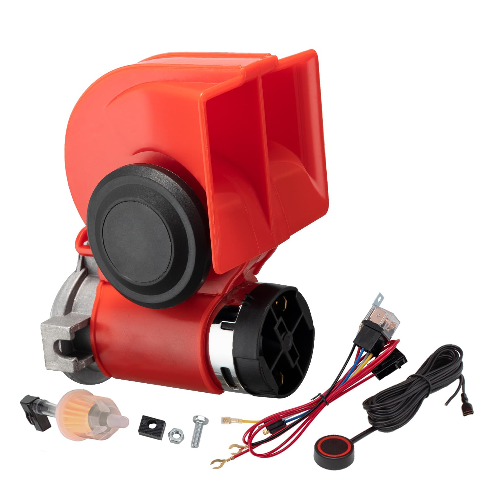 Train Horns kit for trucks, Air Horn for Motorcycle, Train Sound Car Horn Kit 12V Super Loud Electric Bull Horn(red horn with wire and button, 12v)