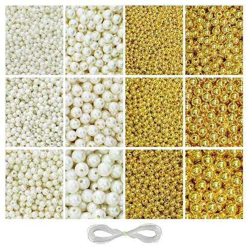 Image of 1800 Pcs Golden & 1800 Pcs Off White Beads for Bracelets Making - Beads for Jewellery Making Kit, Beading, Bead Craft, Crafting, Embroidery, Pearls for Craft - 4, 5, 6, 8, 10, 12MM - 360g