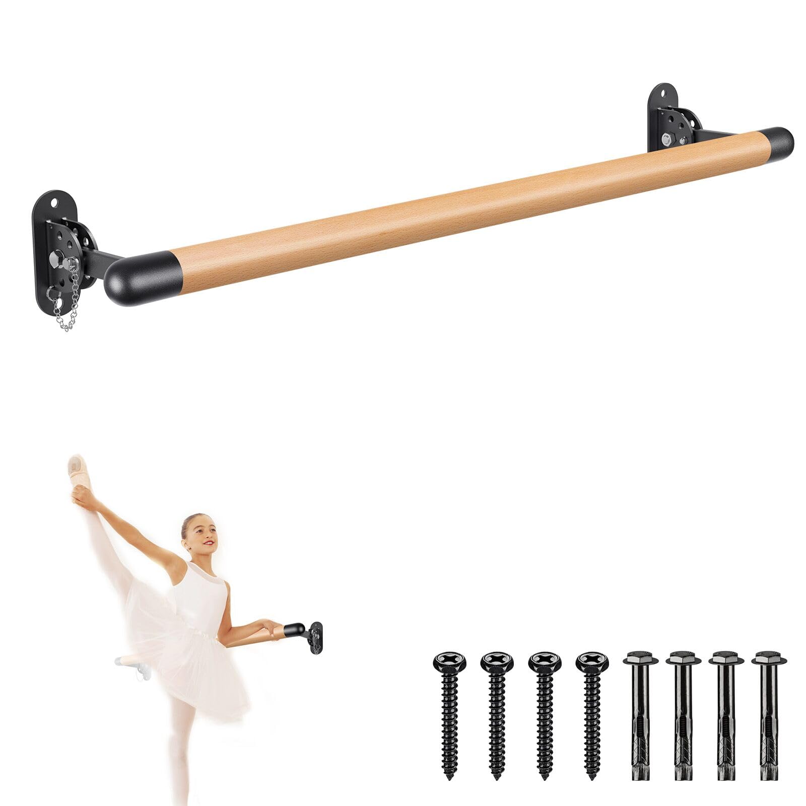 Kipika Wall Mounted Ballet Barre System - Solid Wood Stretch/Dance Bar with Adjustable Height and Metal Brackets - Home Workout Dance Equipment