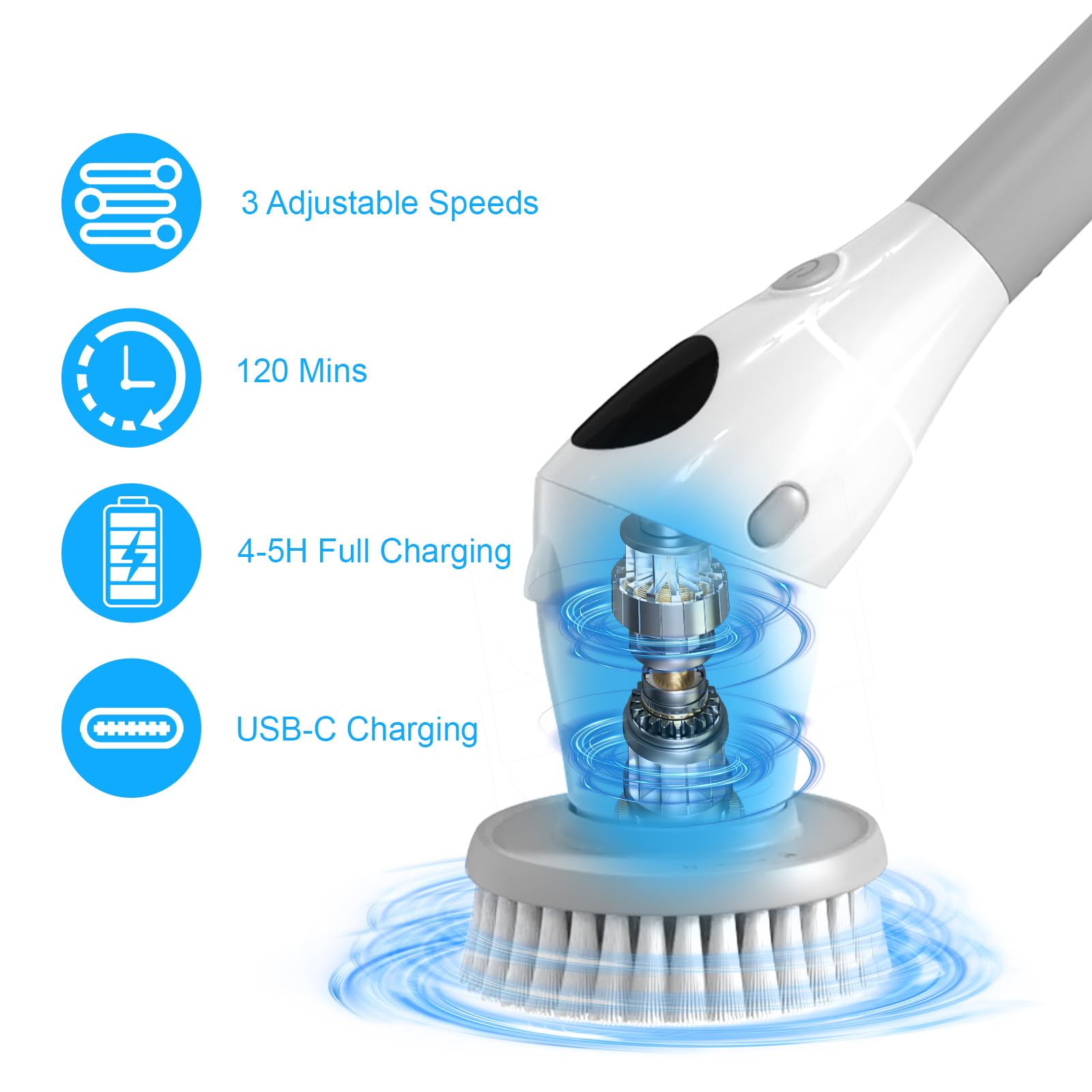 Cepillo de limpieza eléctrico, cepillo eléctrico con 8 cabezales de cepillo, 3 velocidades ajustables, indicador LED para limpieza profunda de azulejos, cocina, coche, cristal, baño