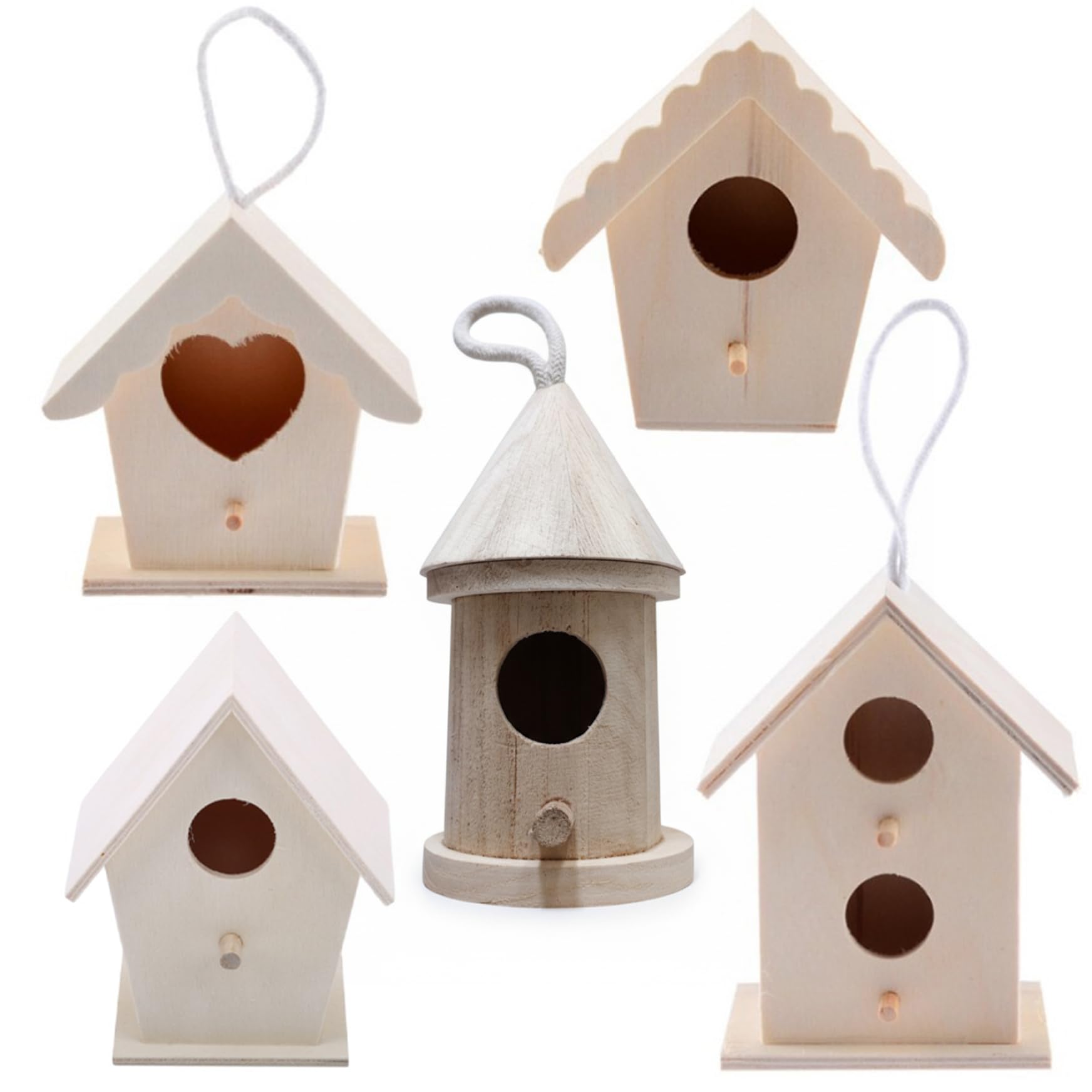 Unfinished Wooden DIY Bird House - 5 Pack Bird Houses to Paint with Hanging Rope, Natural Crafts for Kids & Adults, Garden Decor