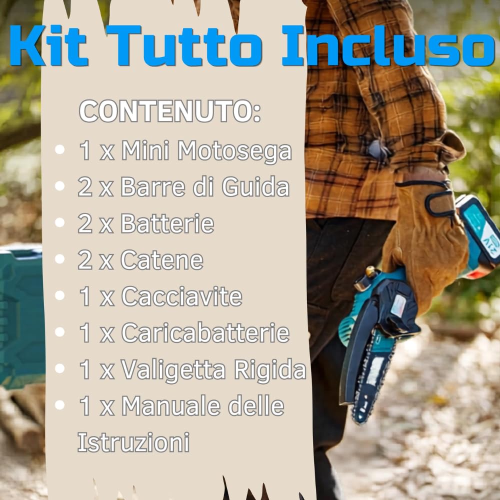Meridiana Mini Motosega a Batteria senza fili per Potatura - 6 Pollici Motosega Elettrica Motore 21V con Oliatore Integrato, 2 Batterie 2000mAh, 2 Barre, 2 Catene e Cacciavite in Valigetta Rigida