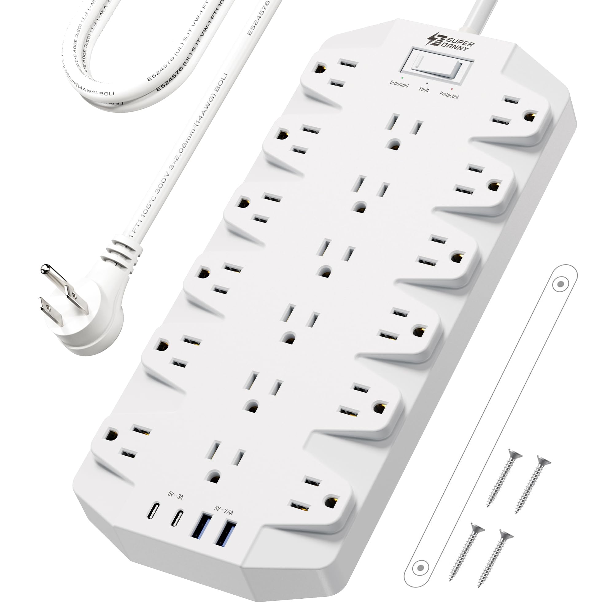 Power Strip Surge Protector, SUPERDANNY 18 Outlets with 2 USB C + 2 USB A Ports, 1875W/15A, 2100J, 6.5FT Flat Plug Heavy Duty Extension Cord with