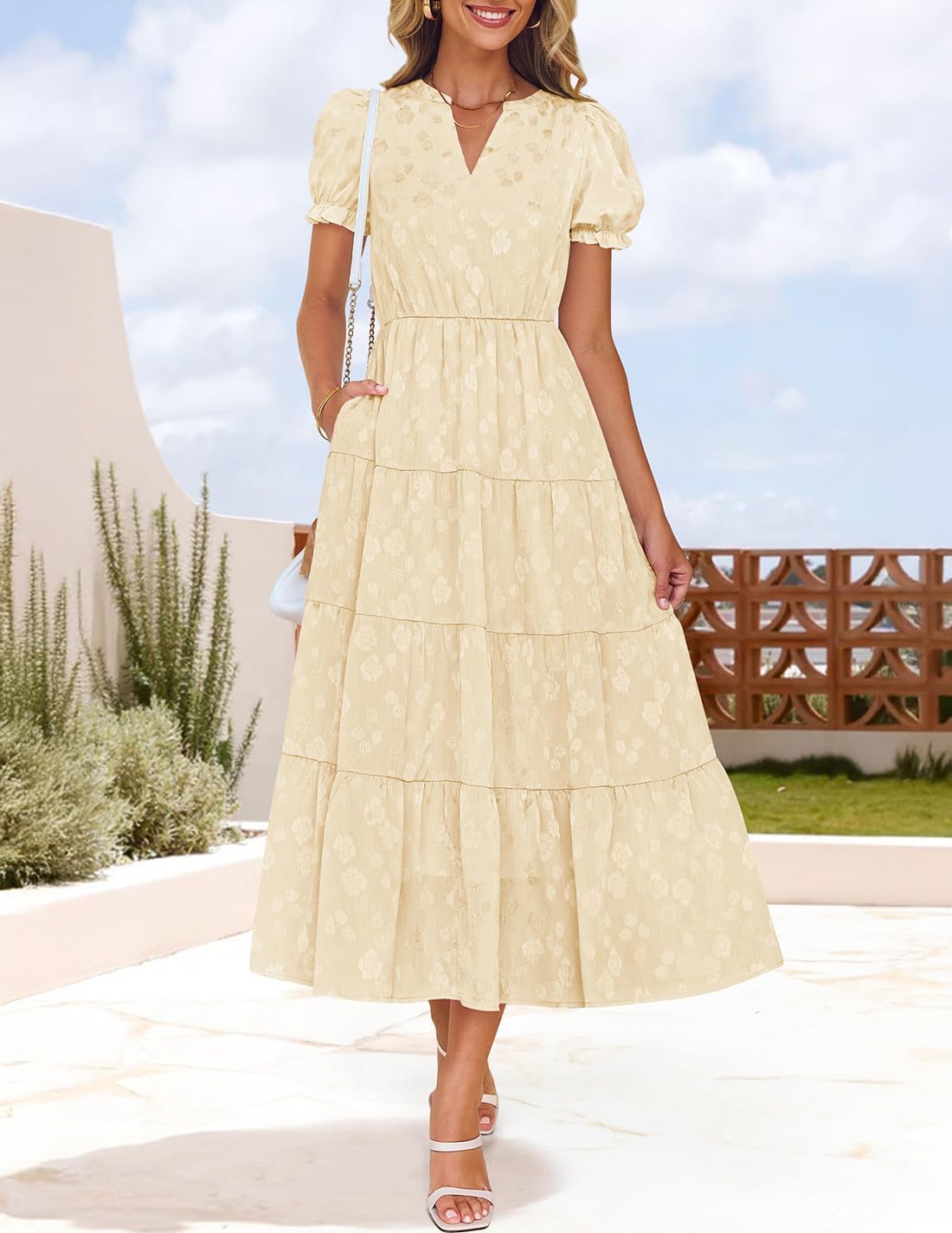 ZESICA Womens 2026 Summer Puff Short Sleeve Midi Dress Floral V Neck Textured Ruffle Flowy Beach Party Dresses - Image 7