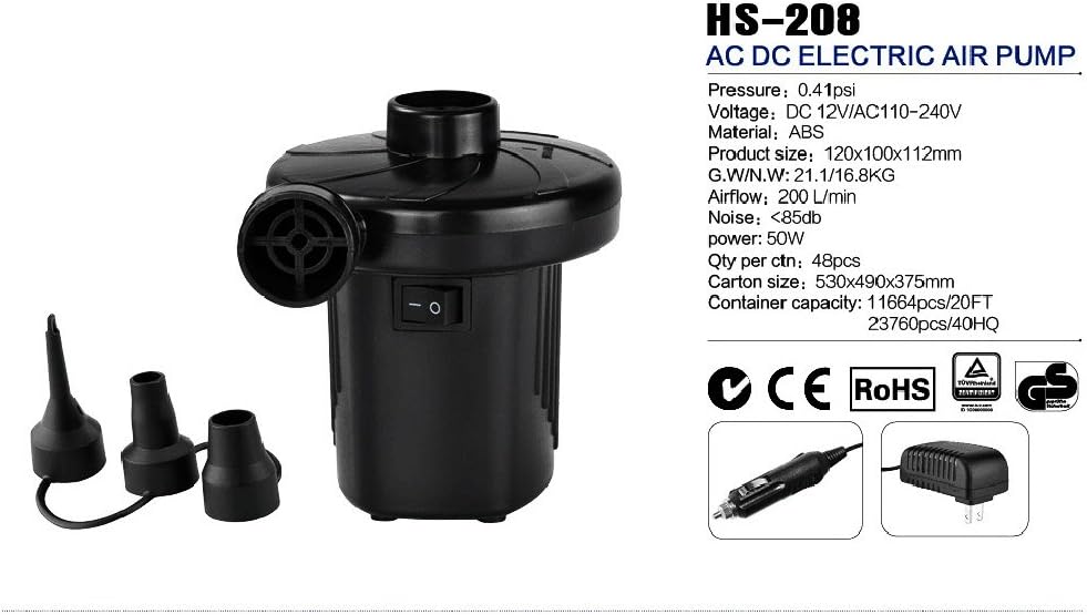 Electric Air Pump AC/DC Dual Use Equipped With 3 Interconnect Nozzles Air Flow 200L/min Used for Inflatable Swimming Pools Boats Sofas Swimming Rings Bed Mattress