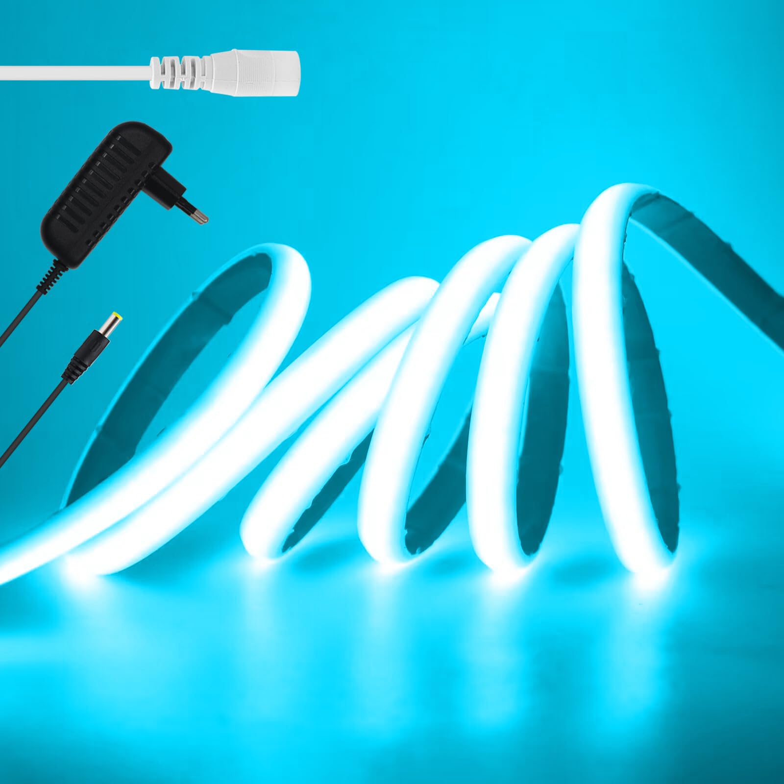 KISUFU 12V Ruban LED COB, IP68 Étanche 320LEDs/M DC Lumineuse Silicone Neon Bande LED Flexible Light Strip pour TV salon partie bricolage Extérieur décoration. (Adaptateur secteur inclus)