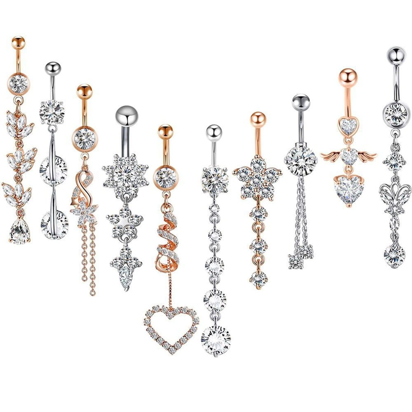 Daesar Piercing Ombligo 1.6mm Barra,10 Piezas Piercing Ombligo Piercing Ombligo de Acero Inoxidable Flor Corazón y Redondo Circonita Blanca Piercing del Ombligo Plata Oro Rosa