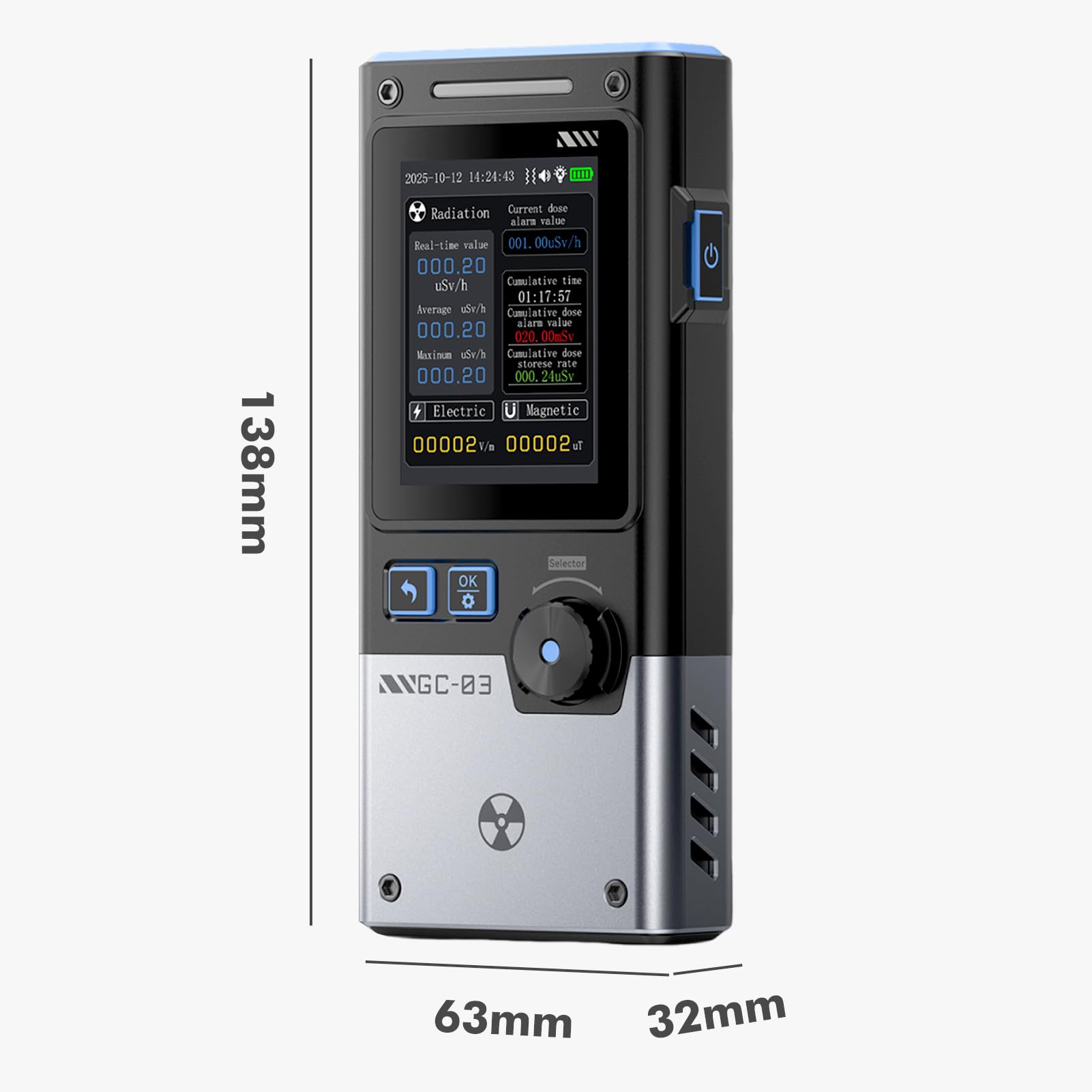 GC-03 Multifunktionaler Strahlungsdetektor, 3 in 1 Elektromagnetischer Strahlungsdetektor Geigerzähler 2,4 Zoll Farbdisplay Schwarz