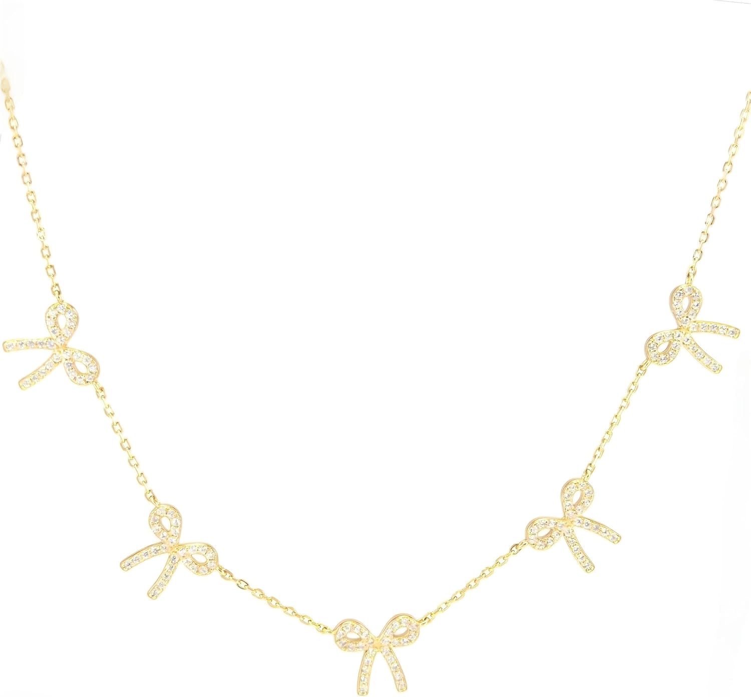Valentines Day Gifts, 5 Bow Necklace for Women, Dainty S925 Sterling Silver 14K Gold Plated Chain with Sparkling Cubic Zirconia Charms, Elegant Stacked Charm Jewelry Gift for Her