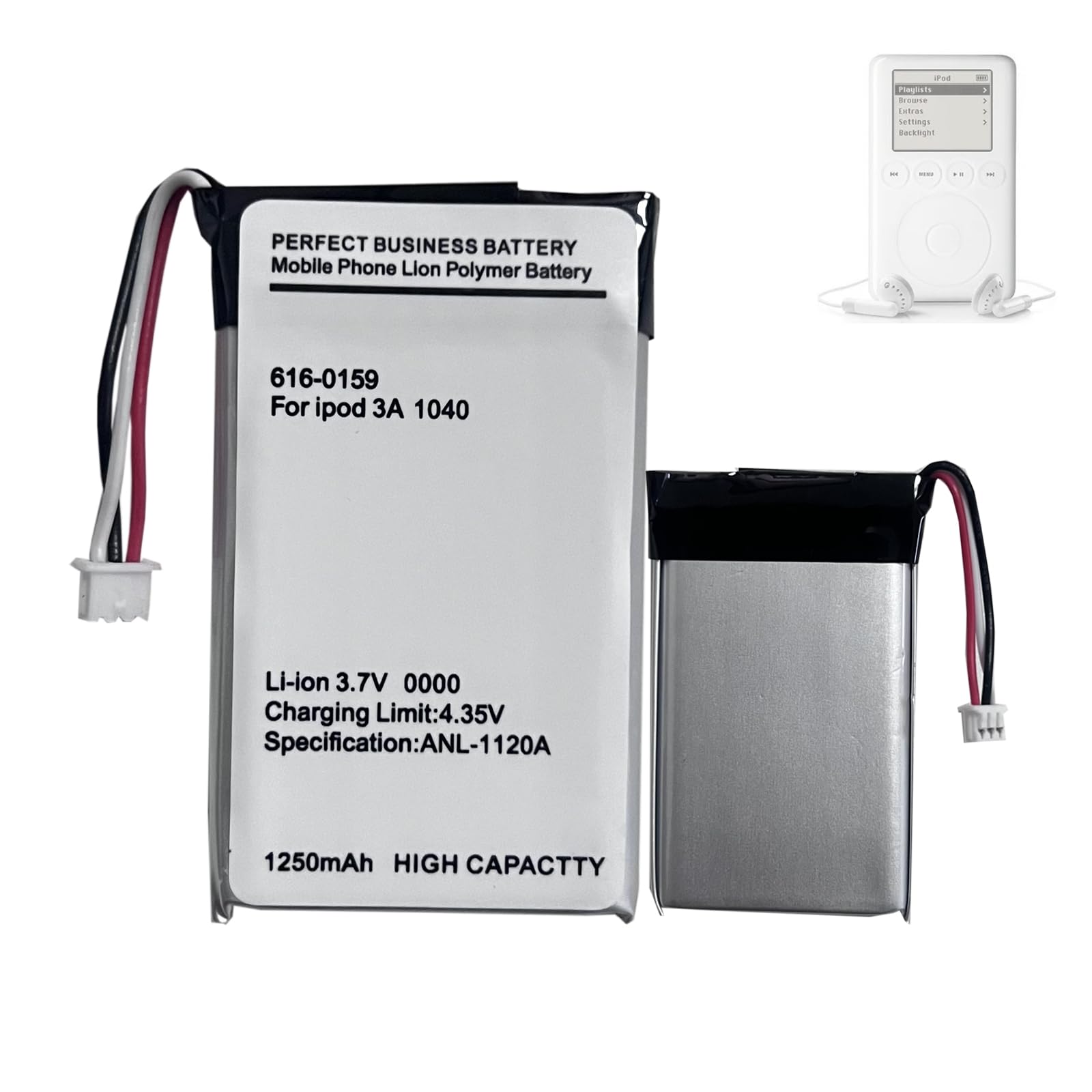 Batterie de rechange 616-0159 compatible avec lecteur MP3, lecteur de musique I-Pod 3ème génération, 10 Go, 15 Go, 20 Go, 30 Go, 40 Go, 3G, 3ème génération, 3, A1040