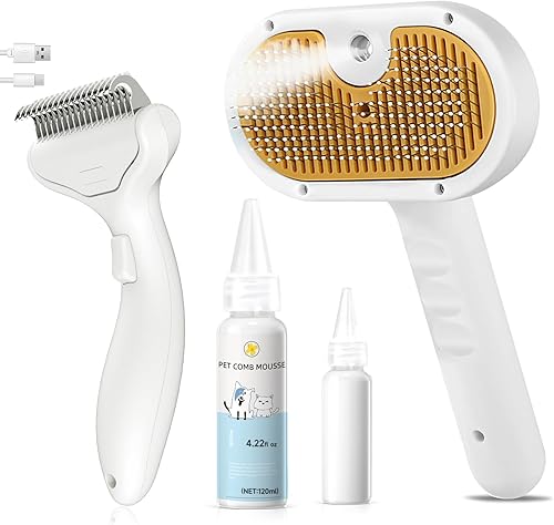 Juego de cepillos de vapor para mascotas 3 en 1 para perros y gatos, peine de aseo con aerosol, herramienta de desfurado, depilación asistida por