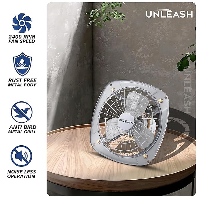 Image of Unleash Metal High Speed Exhaust Fan, 9 Inches (230mm), 55W, 3000RPM, Copper Winding Motor, Low Noise, for Bathroom and Kitchen | Warranty: 2 Years (Grey)
