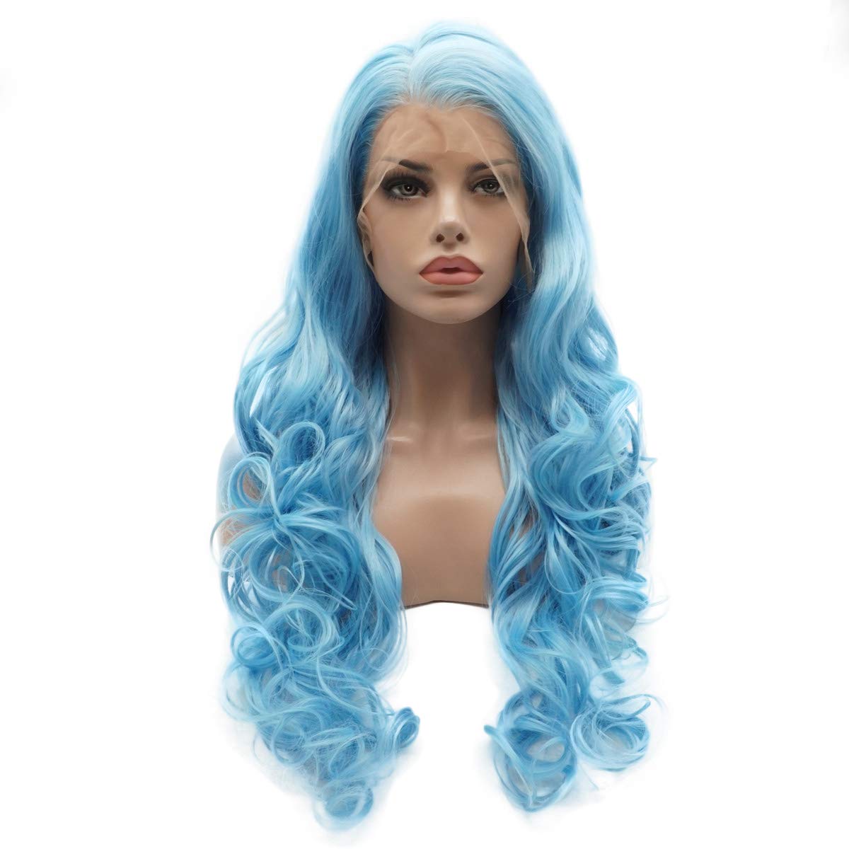 Lushy Wavy Long Light Blue Wig Full Density Half Hand Tied Heat Friendly Realistic Synthetic Lace Front Wig