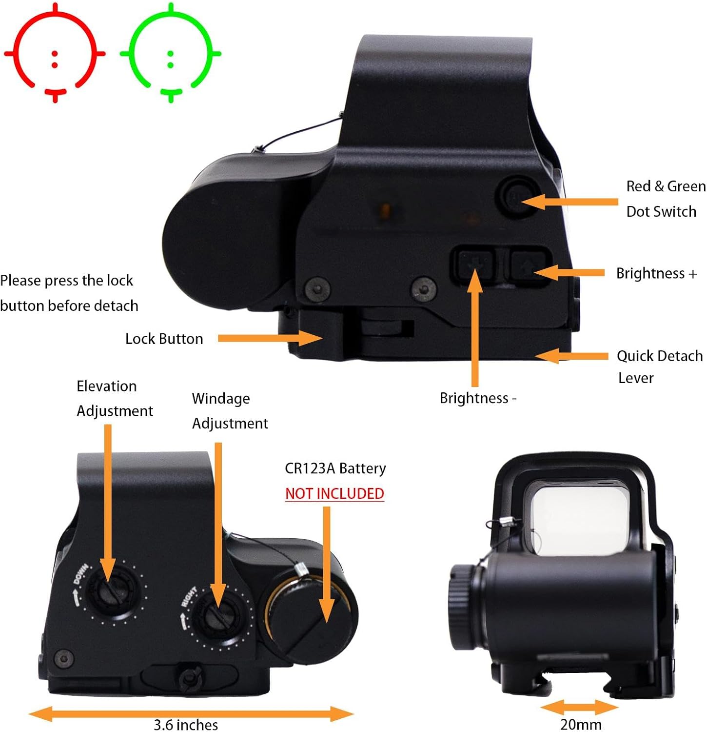 Holographic Sight 551 552 553 556 558 Red Green Dot Holo Sight Metal Scope 10 Levels Brightness Adjustment Holographic Sight