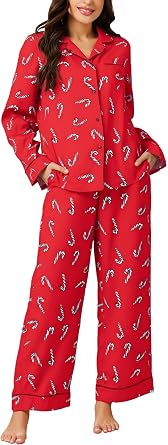 MYHALF Christmas Pajamas for Women Long Sleeve Pajama with Pockets Button Down Pjs Sets V Neck Fall Pj Lounge Set