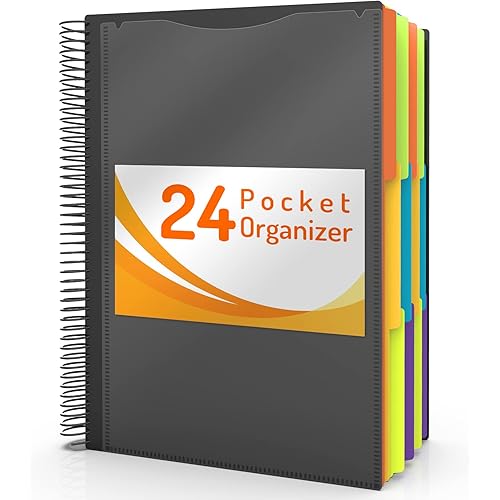 24 Pocket Project Organizer, Forvencer 1/3-cut Tab Binder Organizer with Sticky Labels, Multi Pocket Folder with Zipper Pouch, Folder Binder Spiral Pocket Notebook, Office Supplies