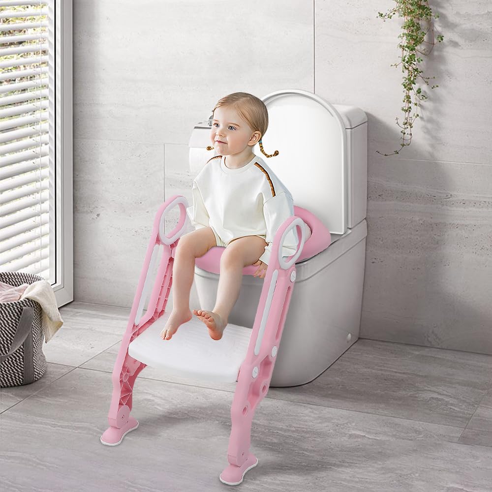 Homewell Riduttore WC per bambini con scala, sedile WC per bambini per ragazze e ragazzi, pieghevole e regolabile, sgabello per scale, adatto per WC a forma di V, U, O