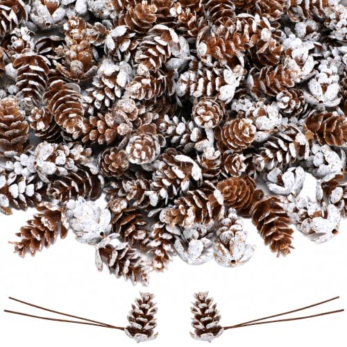 200Pcs Mini Pine Cone Kit with Brown Iron Wires, Snow Pinecones Ornaments