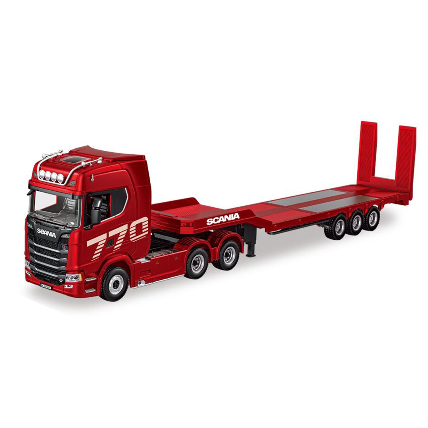 Trattore con Rimorchio a Pianale in Plastica a 3 Assi 770S 1/18, Modello Finito Pronto all'Uso (RTR) con Luci, Effetti Sonori e Batteria