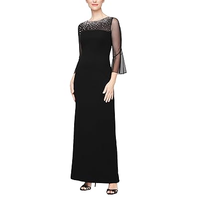 Alex Evenings Long Column Dress with Mesh Bell Sleeves and Heat Set Neckline Women