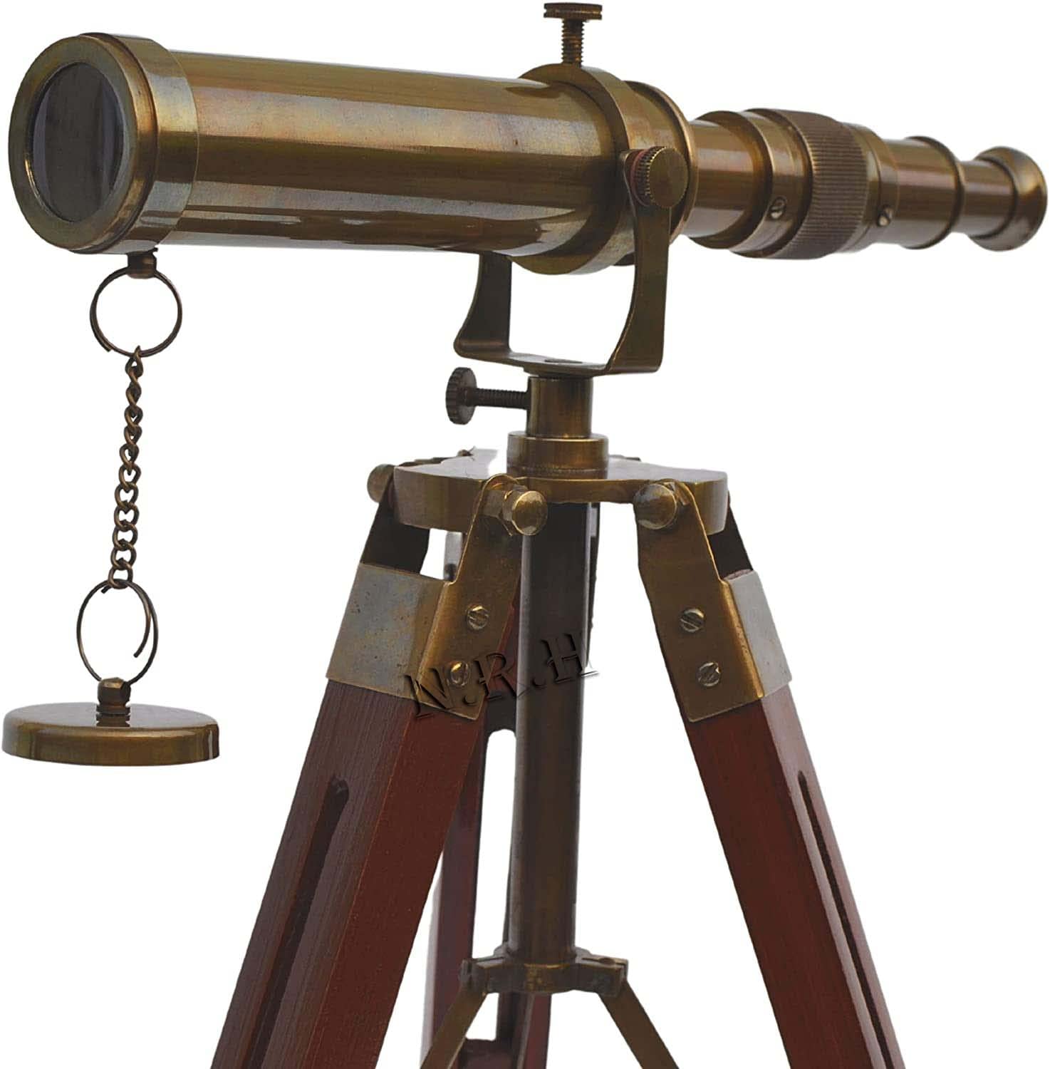 Telescopio de trípode de latón marino antiguo de 10 pulgadas con soporte de trípode ajustable