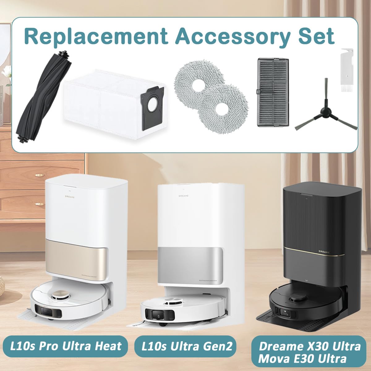 Accessori di Ricambi per Dreame L10s Pro Ultra Heat/ L10s Ultra Gen 2/ L40 Ultra AE/ X30 Ultra/MOVA E30 Ultra con 1 Spazzola Principale, 6 Sacchetti, 2 Filtro, 6 Panni, 4 Spazzole Laterali