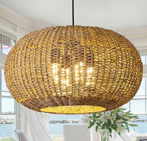22.83in Large Rattan Chandelier Boho Wicker Hand Woven Pe...