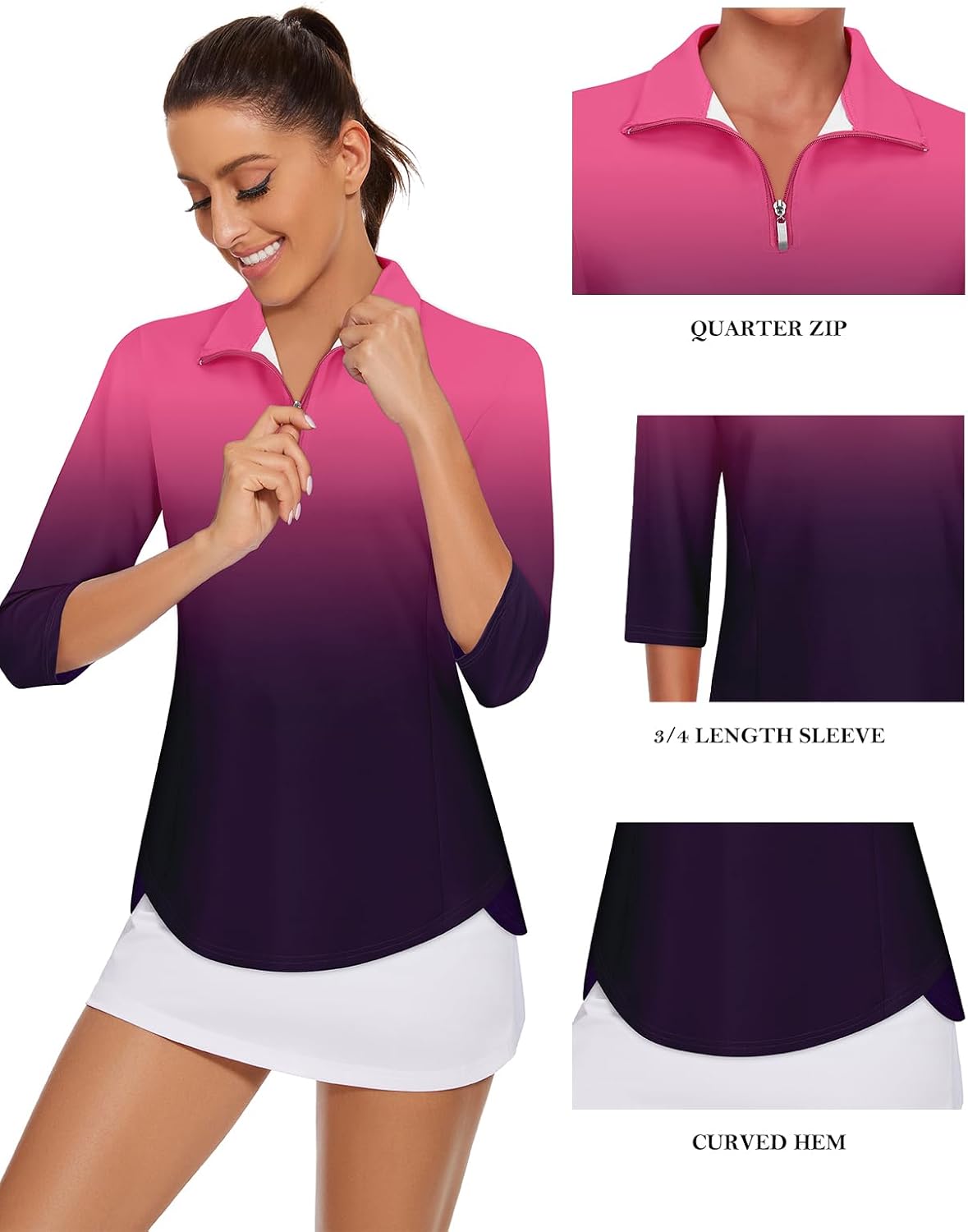 Tanst Sky Womens Golf Polo Shirts Zipper 3/4 Sleeve Moisture Wicking Tops UPF 50+ Workout Tennis Apparel - Image 3