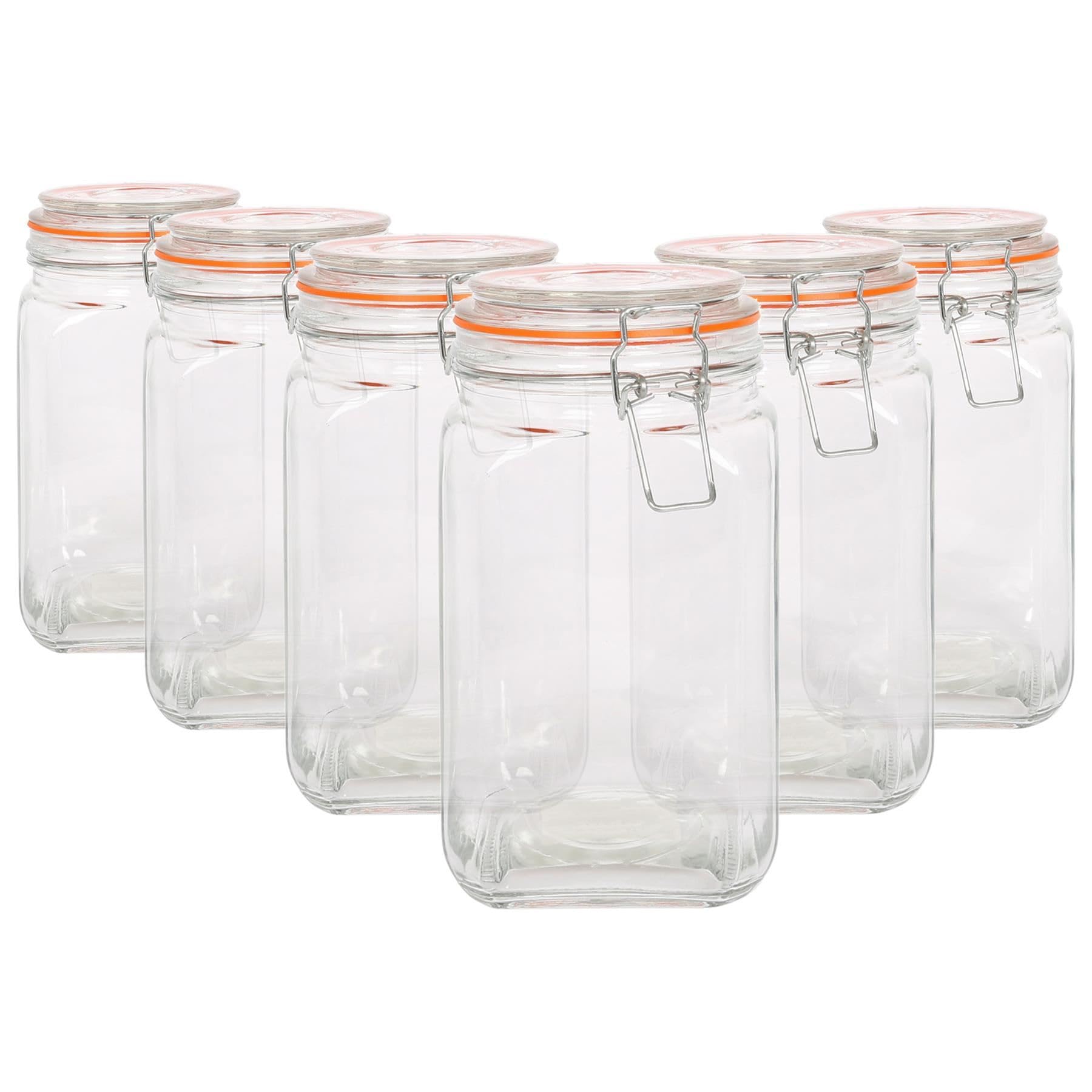 Argon Tableware 1.25L Square Glass Jars with Clip-top Lids - 6pc Airtight Kitchen Mason Jar Food Storage Preserving Container for Pickling, Chutney, Jam, Coffee, Oats
