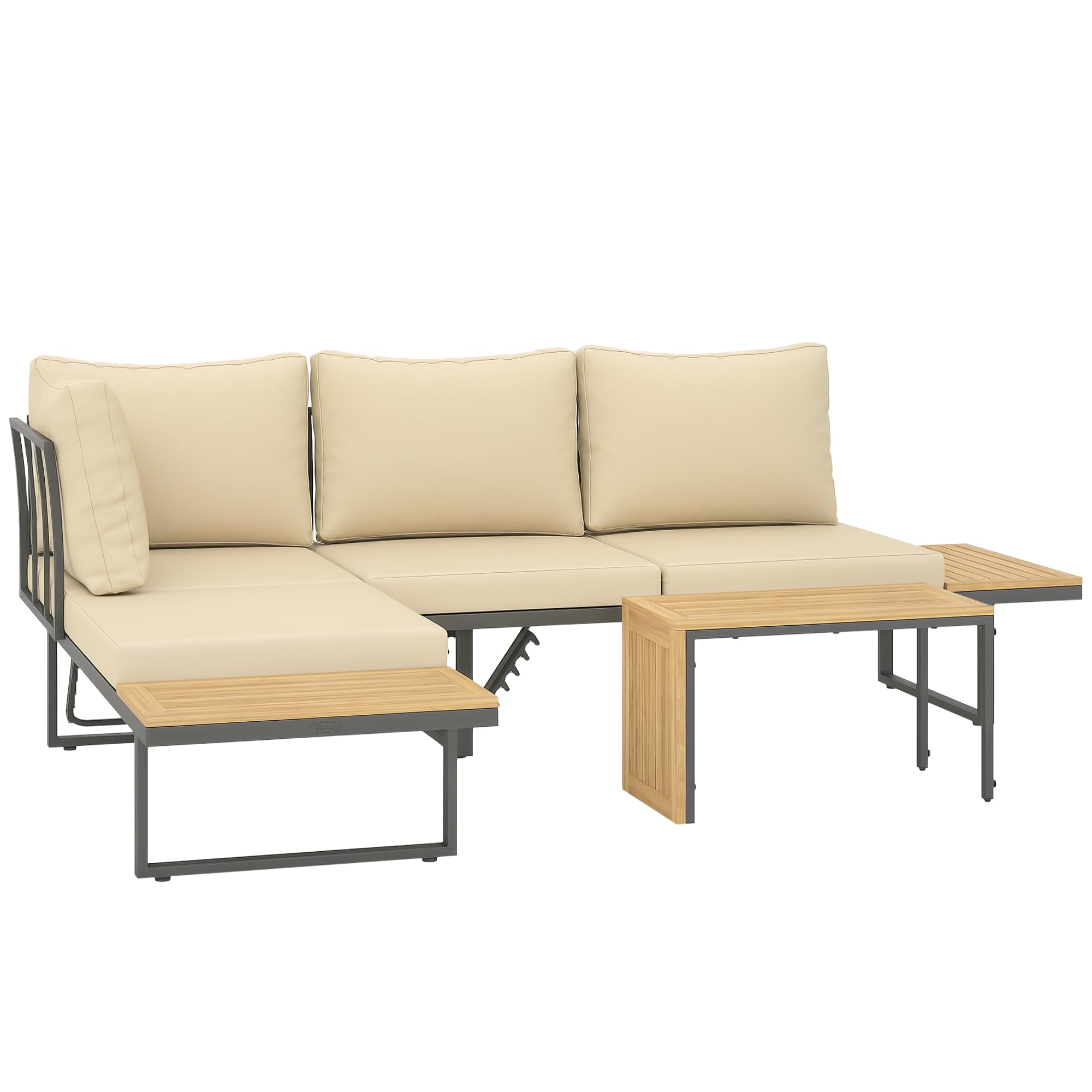 Outsunny Conjunto de Muebles Jardín Exterior Sofás de Exterior en Forma de L Tumbona con 2 Sofás de 3 Plazas Asiento Ajustable y Mesa de Madera de Acacia Versátil con Cojines Beige y Gris