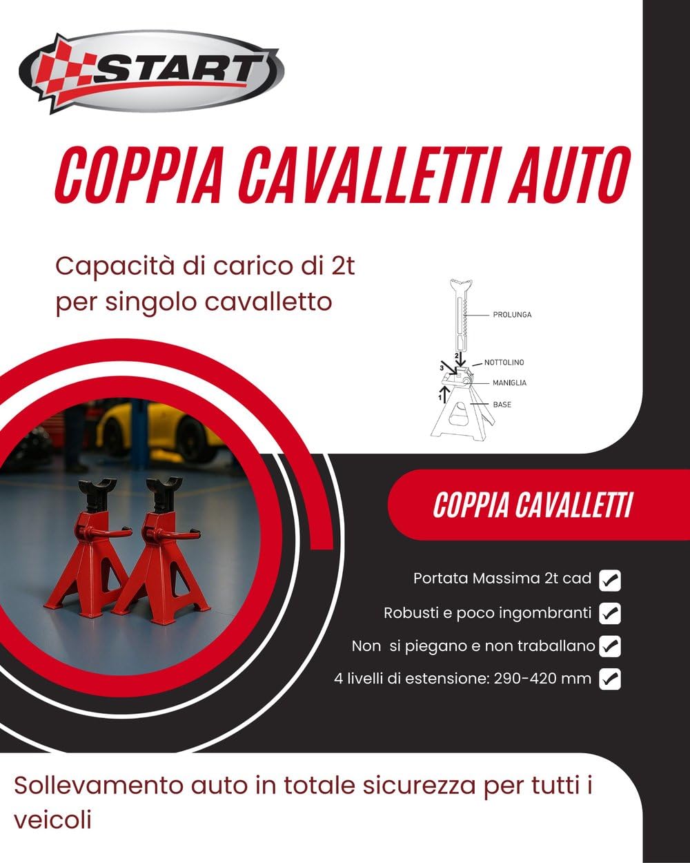 Start Coppia Di Cavalletti Da Officina 2 Tonnellate Per Manutenzione Auto – Supporti Robusti E Affidabili Per Sollevamento Veicoli