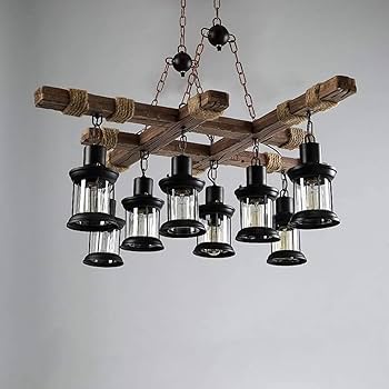 8 Lights Industrial Wooden Hanging Lighting Black Metal