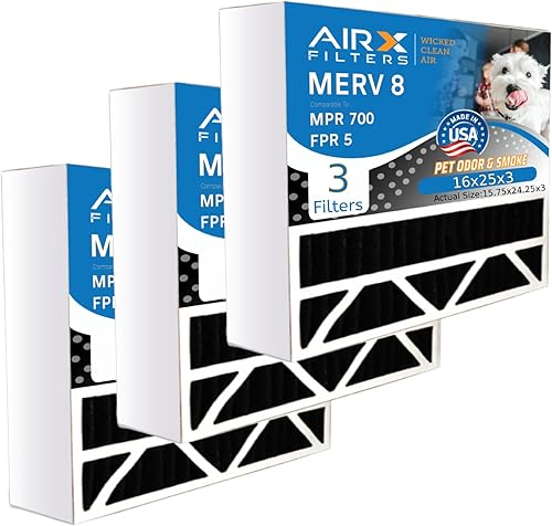 AIRX FILTERS WICKED CLEAN AIR. Filtro de aire 16x25x3 Eliminador de olores Filtro de carbono MERV 8 Compatible con Air Bear 255649-101 Paquete de 3