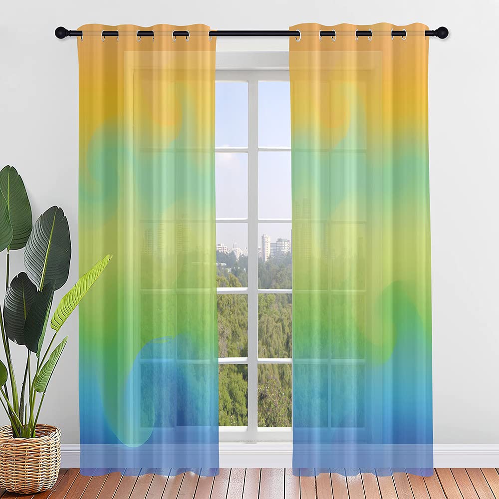 Hiseng Voile Curtains for Bedroom 2 Panels, Sheer Curtains Eyelets Net Translucent Window Screen Gradient Color Tulle Door Drapes for Living Room Home Balcony Decorative (107x244cm,Blue Green)