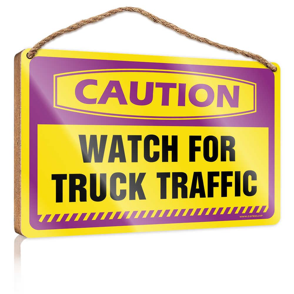 Porch Signs And Decor Outdoor Caution Watch For Truck Traffic Wooden Sign Wall Hanging Decor Men Decorative Hanging Sign(23X35CM)