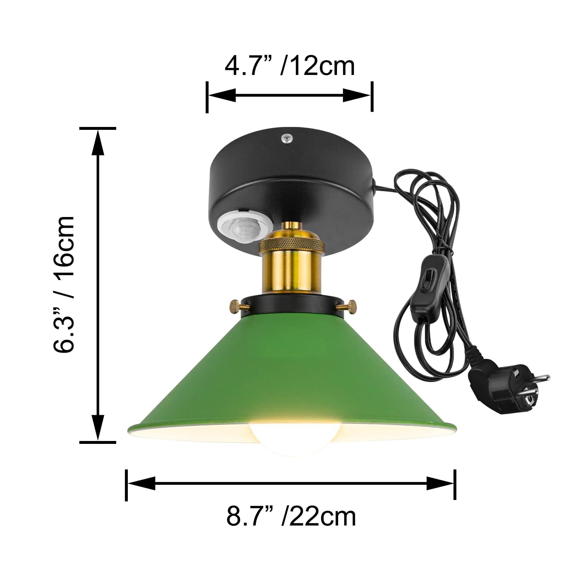 Plafoniera con sensore di movimento interno, in alluminio industriale, con sensore di movimento radar con cavo da 4,5 m e portalampada E27, per scale, garage, corridoio, bagno, verde